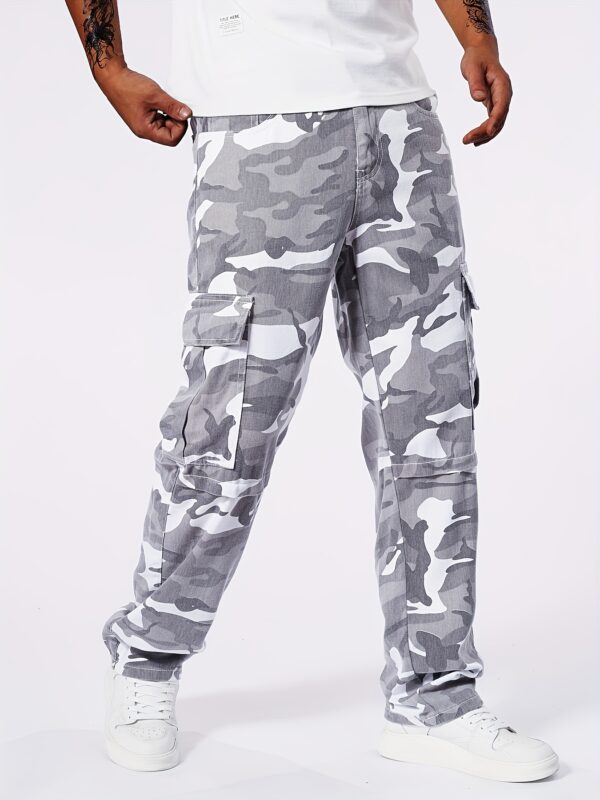 Men'S Casual Denim Cargo Pants, 100% Cotton, All-Season Regular Fit, Non-Stretch Washed Fabric, 360g/m², Solid Color Camouflage Design, Woven Regular Length Trousers - Image 2