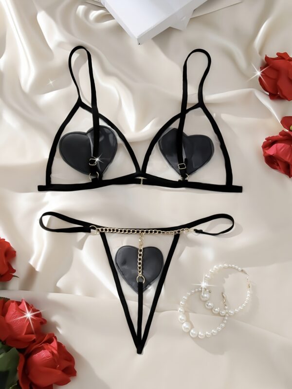 Mesh Heart Pattern Spaghetti Straps Lingerie Set, Intimates Bra & Thong, Women's Sexy Lingerie & Underwear - Image 6