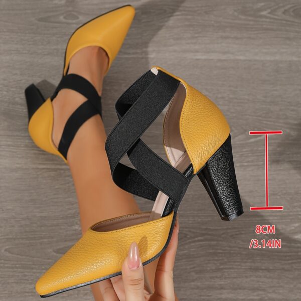 1 Pair Elegant Solid Color D'Orsay High Heels for Women - Pointed Toe, Block Heel, All-Season, Fashionable Hollow Strap, Contrast Color, Non-Slip Rubber Sole, PU Upper/Inner/Insole - Versatile for Evening Dresses and Parties - Image 2