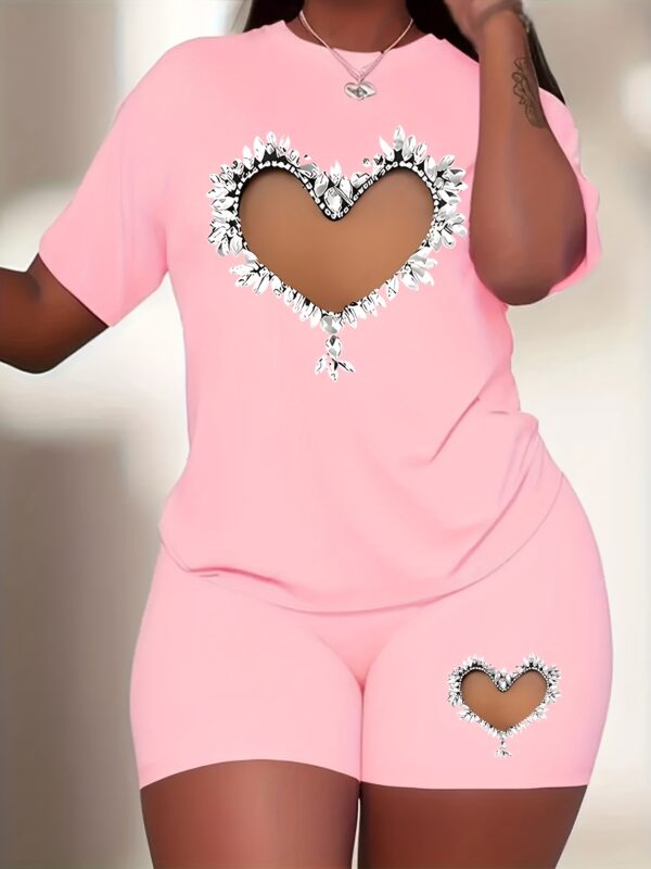 Women'S Plus Size Two-Piece Set - Casual Pink Short Sleeve T-Shirt & Black Shorts with Sparkling Heart Design, Geometric Pattern, All-Season Comfort, Casual Wear|Playful Print Top|Shorts