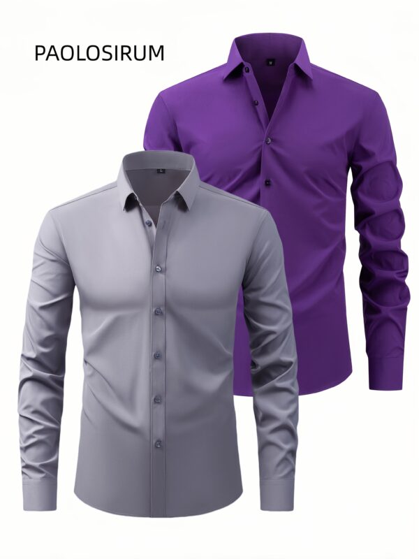 Two-Piece Set of Men'S Solid Color Elastic Shirts Ice Sliky Fiber Fabric Cool Shirts Breathable And Comfortable Business Casual Two-In-One Collar European And American Tops Men'S Clothing Multi-Color Optional Convenient Washing - Image 7