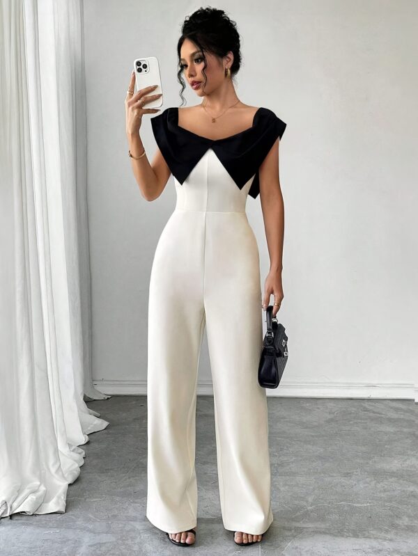 Women'S Elegant Fashionable Off-Shoulder Jumpsuit - Beige, Contrast Collar, Wide Leg, Perfect for Casual & Urban Commute, Spring/Summer Attire, Casual Attire | Offshoulder Fashion | Wide Leg Jumpsuit