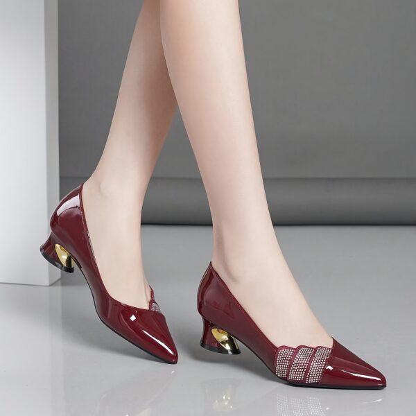 Women's Burgundy Pointed-Toe Block Heel Pumps - Comfortable Mid-Heel Dress Shoes with Decorative Bow Detail, Glossy Synthetic Cover & Non-Slip Rubber Sole for Autumn Office & Formal Events, High Heel Shoes, Event Footwear, Durable Grip Footwear - Image 2