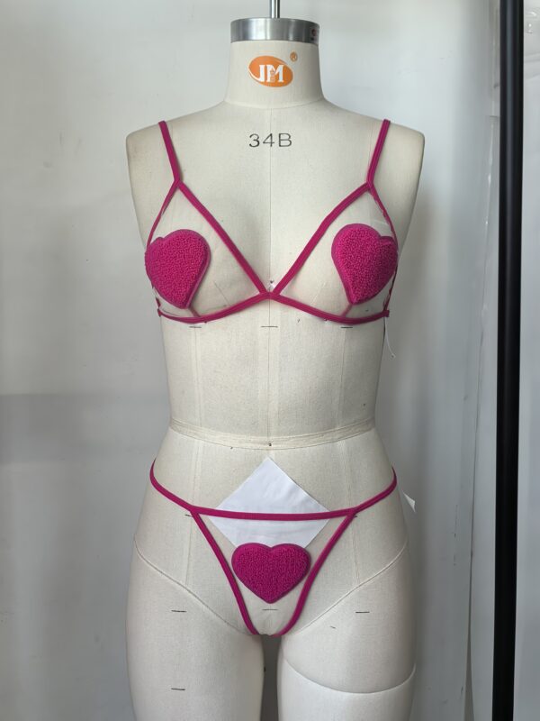 Mesh Heart Pattern Spaghetti Straps Lingerie Set, Intimates Bra & Thong, Women's Sexy Lingerie & Underwear - Image 2