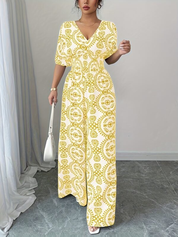 Women'S Bohemian Print V-Neck Jumpsuit with Tie Waist & Wide Legs - White & Brown Geometric Pattern, Short Sleeve, All-Season Vacation Style, Perfect for Casual or Stylish Outfits, Bohemian Dress - Image 5
