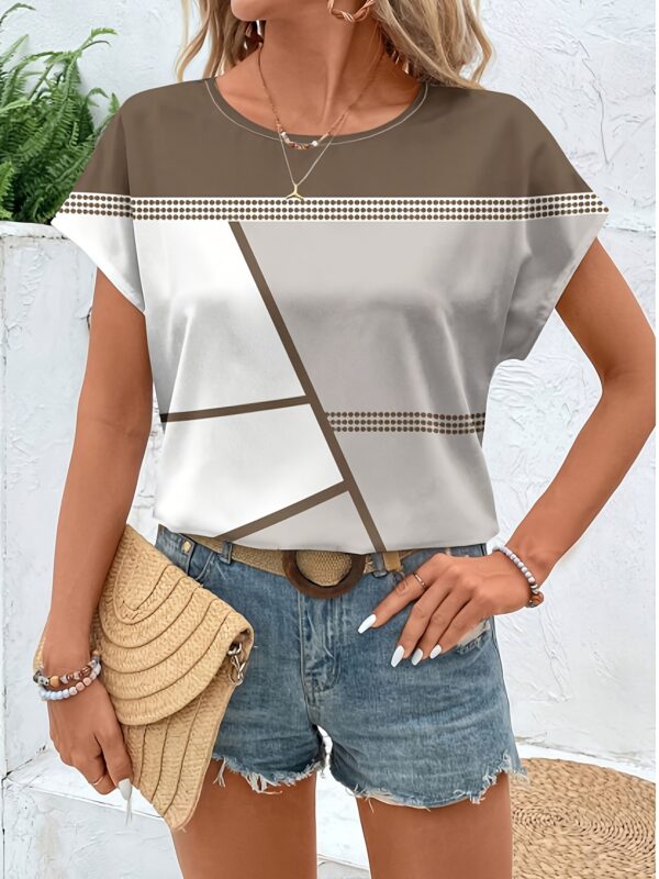 Women'S Casual Geometric Pattern Blouse - Short Sleeve, Round Neck, White with Brown & Black Design, Perfect for Spring/Summer/Fall, Summer Fashion Top | Geometric Blouse | Stylish Blouse