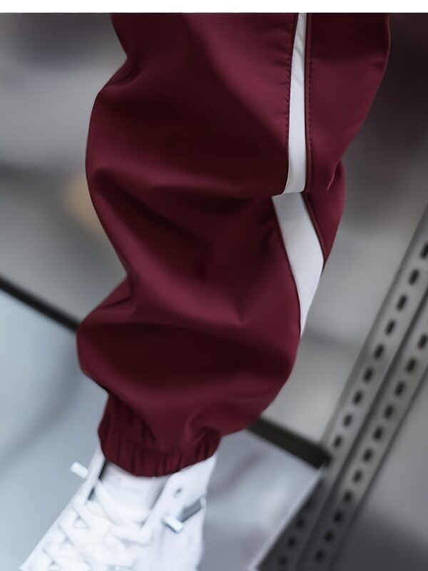 Men'S Slim-Fit Athletic Joggers with White Striped Side Panels, Elastic Waistband & Drawstring, Embroidered Lettering - Maroon & White Casual Streetwear Pants for Gym, Casual Attire, and Everyday Comfort, Jogging Pants, Gym Apparel, Sporty Style, Durable Fabric - Image 7