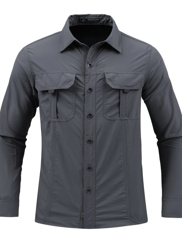 Men's Quick-Dry Shirt - Beige Button-Up Formal & casual shirt with Button Front Placket, Long Sleeve Non-Sticky Fabric for Office, Outdoor, Gym, Travel - Easy-Care Button-Up Blouse for Everyday & Formal Events, Outdoor Clothing, Classic Collared Design, Nonelastic Textile - Image 4
