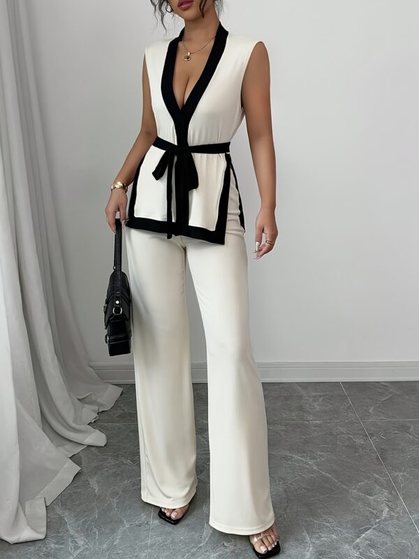 2pcs Elegant Women'S Sleeveless Crop Top & Wide-Leg Pants Set - Black & White Contrast, V-Neck Waistcoat with Belt, Perfect for Spring/Summer, Stylish Accessories|Contrast Detailing|Vneck Top, Ladies Fashion - Image 9