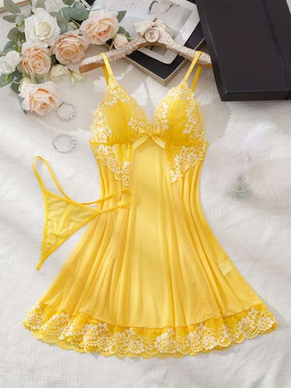 V-neck Two-Tone Lace Sheer Mesh Bow Halter Dress + Thong Set, Sexy Fashion Women's Lingerie Sleepwear - Image 3
