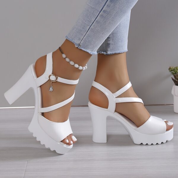 Women'S Summer Fashion Chunky Heel Sandals - White Open Toe with Buckle Strap, Comfortable PU Sole, Stylish High Heel Sandals for Casual Wear, Chunky Heel Sandals - Image 4