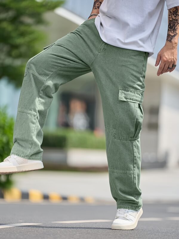 1pc Men'S Casual Cargo Denim Pants, Solid Color, Loose Fit, Non-Stretch, All-Season, Regular Length, Washed Detail, Woven Fabric - Multi-Pocket Design - Image 6