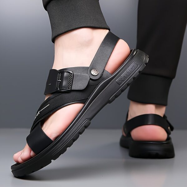Men's Slip-On Sandals - Soft Cushioned Insole & Arch Support - PU Beach Shoes for Driving, Outdoor, Casual - Wide Width Available - Black - Easy-Clean Summer Footwear, Comfortable Driving Shoes, Sleek Strap Design, Breathable Material - Image 8