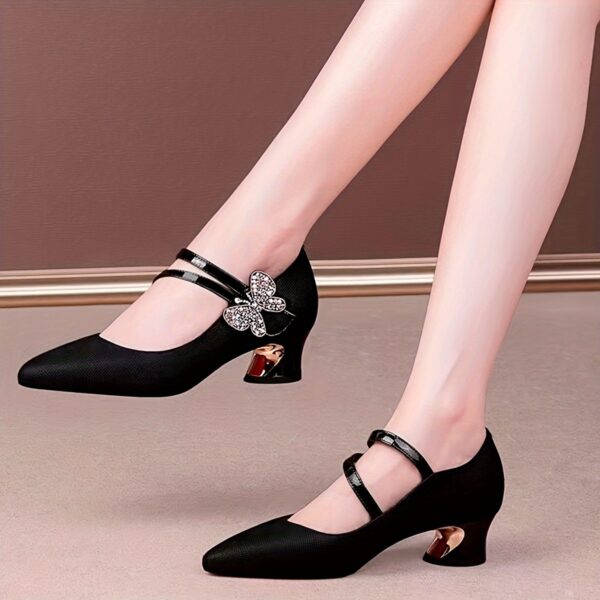 Women's Rhinestone Bow Buckle Strap Pointed-Toe Pumps - Golden-Plated Mid Block Heel, Lightweight Synthetic Cover & PVC Sole, All-Season Elegant Dress Shoes for Casual & Formal Events, Strappy Heels, Formal Footwear, Durable PVC Sole - Image 7
