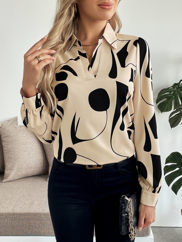 Women's Elegant V-Neck Long Sleeve Blouse - Black & Beige Geometric Print, Machine Washable Regular Fit Shirt for Spring Summer Fall, Office & Casual Wear, Smooth Texture Fabric, Work Attire, Classic Design, Durable Construction, Buttonup Top, Professional Women - Image 5