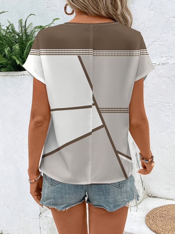 Women'S Casual Geometric Pattern Blouse - Short Sleeve, Round Neck, White with Brown & Black Design, Perfect for Spring/Summer/Fall, Summer Fashion Top | Geometric Blouse | Stylish Blouse - Image 2