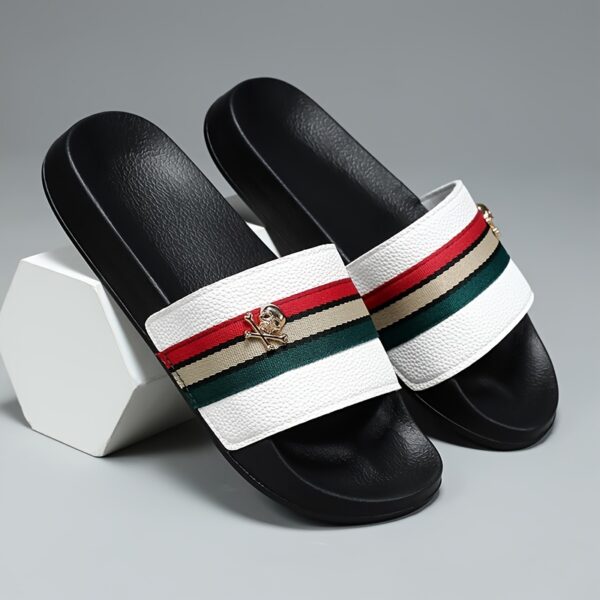 Men's Casual EVA Slide Slippers with Non-Slip Sole - Lightweight Indoor/Outdoor House Shoes for Bathroom, Home & Summer, Black Striped Design with Golden Emblem, All-Season Comfort, Indoor Slippers, Sleek Leatherlook, Leatherlike Texture, Durable Slipresistant - Image 2