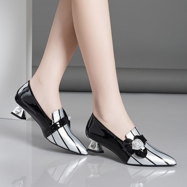 Elegant Women'S Black & Silvery Pointed Toe Pumps - Mid-Heel, Synthetic Cover, Rubber Sole, Fall Season Fashion Shoes with Decorative Bow Detai - Image 3
