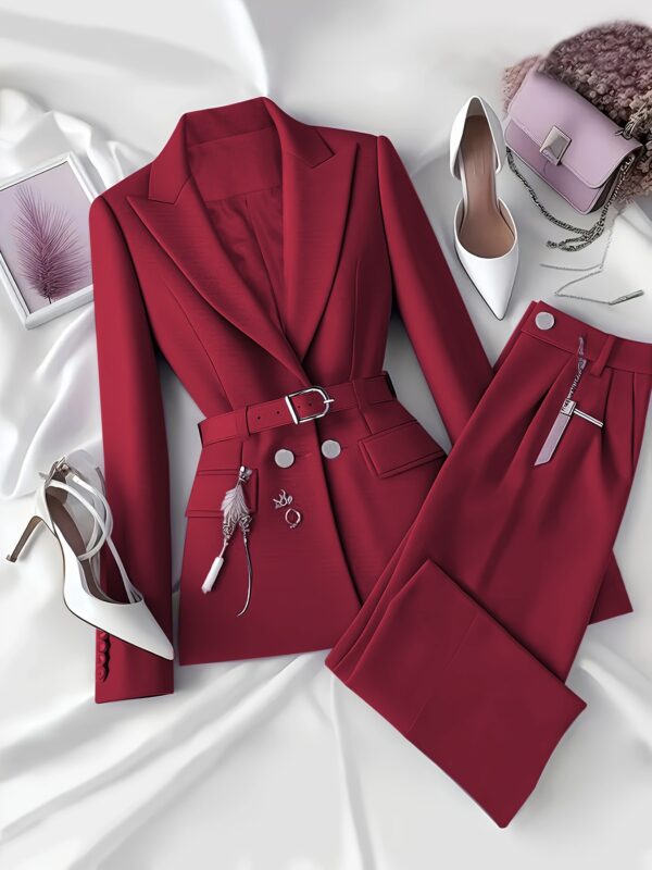Elegant Solid Color Urban Commuting Suit for Women with Belt and Pants, Perfect for Spring/Summer, Includes Shoes and Clutch, Office Ready Attire|Sophisticated Style|Pocketed Pants - Image 6