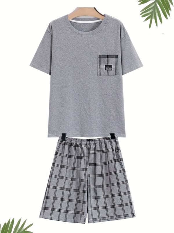 New European And American Spring, Summer, And Autumn Men'S Pajama Set with Short Sleeves, Shorts, And Long Pants, Including 1 Shirt And 2 Pants for Home Wear - Image 5