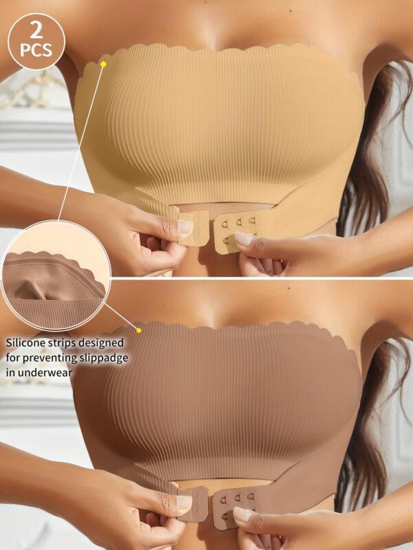 2pcs European Style Minimalist Wavy Edge Cutout Front Buckle Sexy Comfort Soft Cup Camisole with Pads Non-Slip Strapless Women's Bra - Image 4