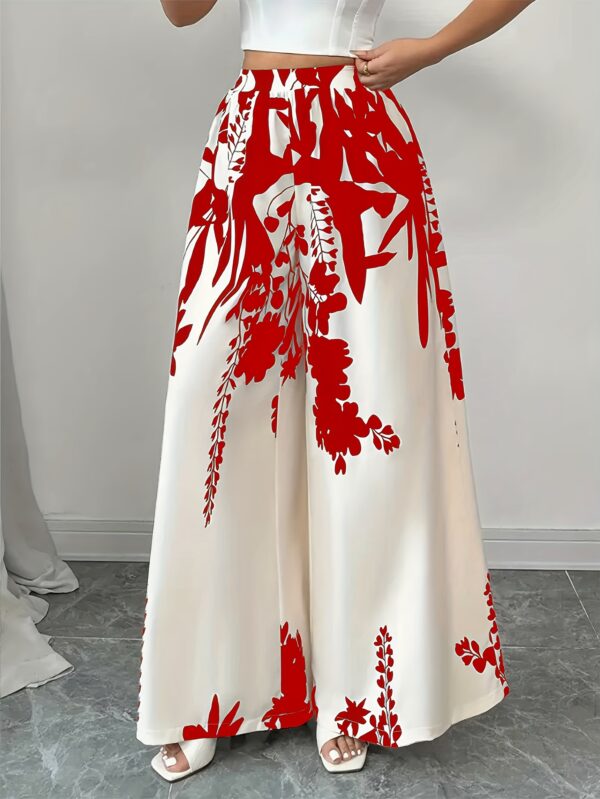 Women's Floral Print Wide-Leg Pants - Elastic Waist 3/4 Length Capri Pants with Pockets, Red & White Botanical Design, Machine Washable for Casual Vacation & Casual Attire, Relaxed Fit Trousers, Pockets Included, Travel Clothing, Stylish Trousers, Breathable Material, Printed Trousers, Adult Clothing - Image 5