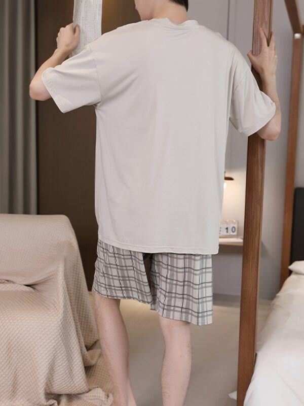 2pcs Men's high-end plaid pocket round neck short-sleeved and plaid shorts pajama set, comfortable and Light Beige-friendly, suitable for Men's casual home - Image 8