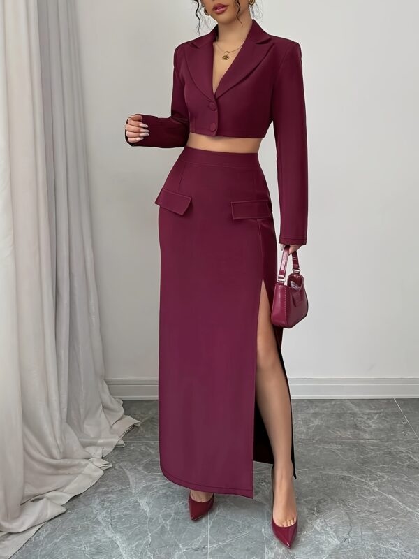 Premium Elegant Fashion Business/Office Suit in Purple Fabric, V-Neck with Fall Shoulder, Regular Sleeve Crop Top, High Waist with Fake Pockets, Straight Slit, New Women'S Suit Set for Spring And Autumn. - Image 7