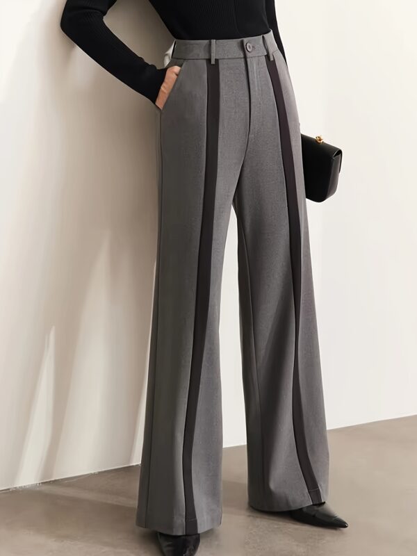 Elegant Black and Gray Wide-Leg Pants - Polyester, Straight Leg, Color Block Design, All-Season Wear, Adult Size, Stylish Casual Attire|Straight Leg Pants|Polyester Fabric