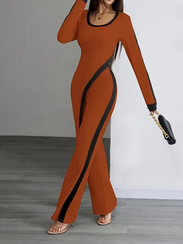 Women'S Elegant Black and White Striped Long Sleeve Jumpsuit with Wide Legs - Polyester, Asymmetrical Design, Perfect for Spring/Fall, Casual to Formal Wear, Casual Attire|Asymmetrical Jumpsuit|Polyester Fabric - Image 4