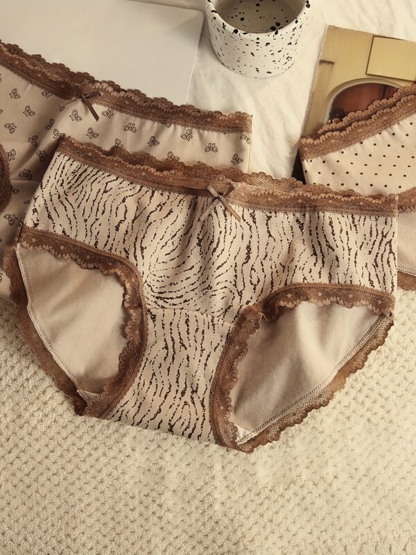 6pcs Women's Mid-Rise Cotton Briefs - Sexy Leopard & Tiger Stripe Print Panties with Lace Trim, Breathable Soft Underwear in Maillard Colors (Earthy Tones), Cute Panties, Comfortable Lingerie, Fashionable Underwear, Elastic Waistband Comfort - Image 3