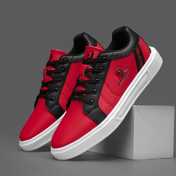 Men'S Low-Top Casual Sneakers - Red & Black Skate Shoes with "Prestige Lives" Graphic, Lace-Up, EVA Sole, Microfiber Synthetic Upper, Perfect for Everyday & Commuting, Ideal Christmas Gift, Everyday Casual Shoes| Bold Design Shoes|Synthetic Upper Sneakers