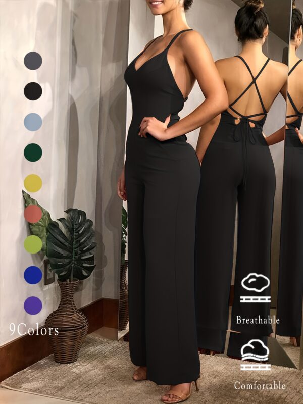 Cross Tie Back V-neck Jumpsuit, Sexy Solid Backless Jumpsuit For Spring & Summer, Women's Clothing