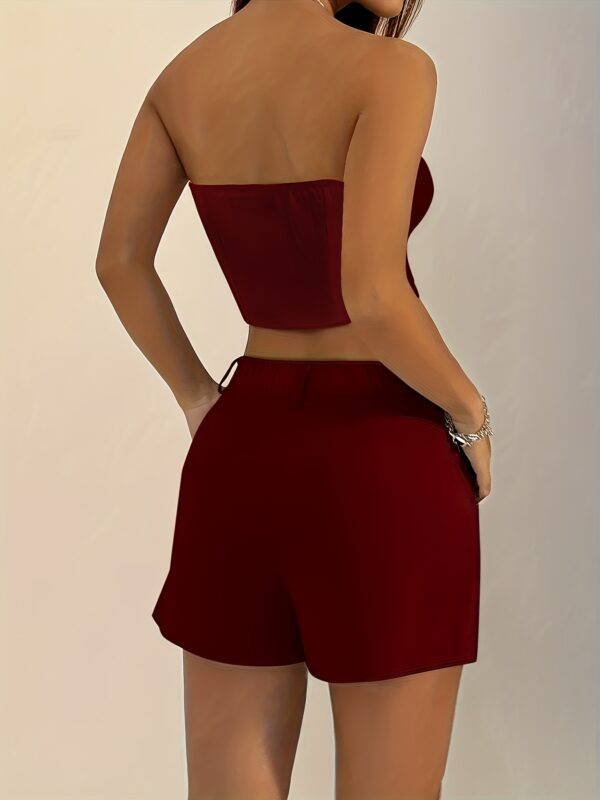 2pcs Set Off-Shoulder Crop Top + Blazer Shorts, Solid Color, Faux Pocket Detail, Polyester, Spring/Summer Collection, Women'S Fashion, Casual Attire|Sleek Shoulder Design|Polyester Fabric - Image 13