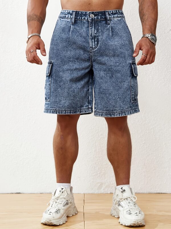 Men's Casual Mid-Length Denim Shorts - Relaxed Fit Washed Blue Jeans for Summer, Non-Stretch Breathable Fabric, Versatile for Casual & Semi-Formal Wear, Jeans Shorts