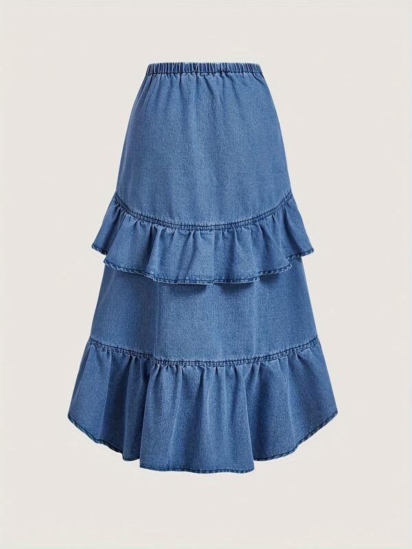 Retro vibe in full swing! Blue denim skirt with irregular ruffle hem and drawstring waist for a relaxed, casual look. Perfect for Casual Attire - Image 2