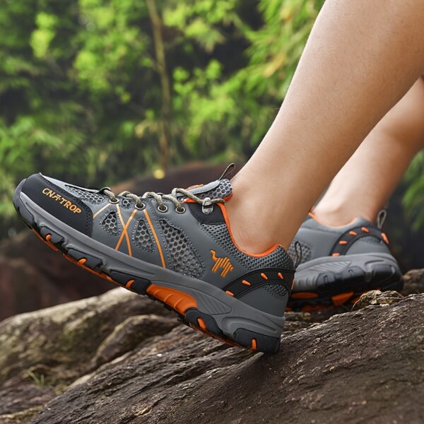 CANEMON Men's Low-Top Hiking Shoes - Breathable Mesh, Anti-Slip TPR Sole, Odor-Resistant & Durable - All-Season Outdoor & Casual Sport Shoes with Striped Design (Green/Yellow), Adventure Footwear | Sporty Hiking Shoes | Durable Hiking Shoes - Image 2