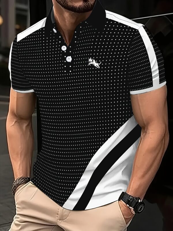 Men's Summer Short Sleeve Shirt - 100% Polyester Breathable Stretch Fabric, Brown & White Contrast Print, Classic Collar Button-Up Casual Shirt for Office & Social Outings - Image 3