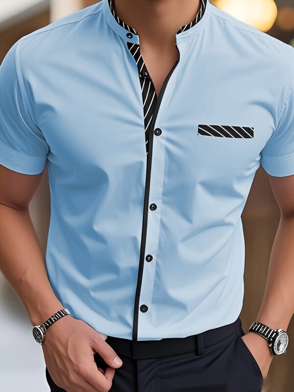 Men's Light Blue Casual Short Sleeve Shirt with Black Contrast Collar & Cuffs - Stand-Up Collar, Machine-Washable Fabric, Regular Fit for Summer, Office, Commute & Streetwear, Classic Buttonup Design, Nontransparent Material