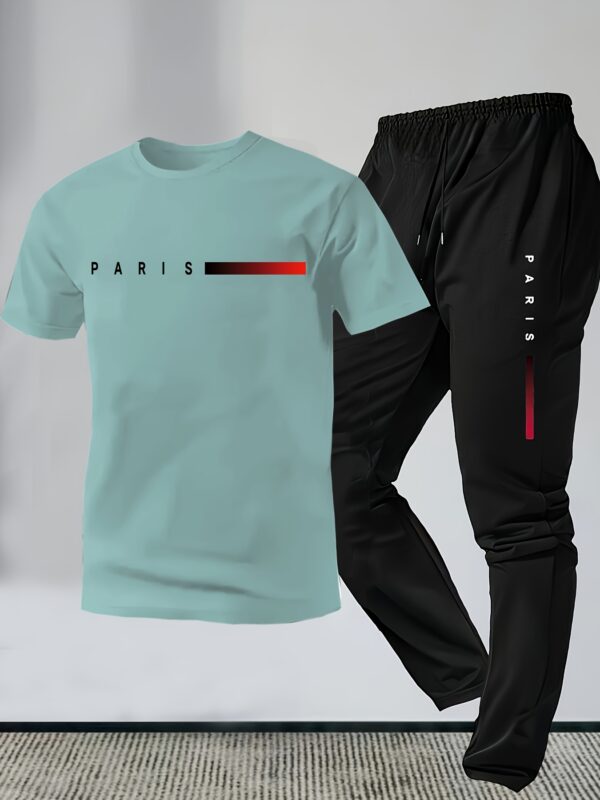 Men's Letter Print Short Sleeve Long Pants Loungewear Set - Image 7