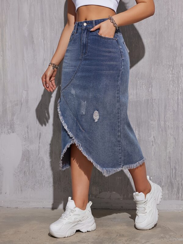 Women's Stylish Frayed Denim Midi Skirt - Casual Washed Blue with Tassel Detail, High-Waisted Bodycon Cut, Rayon/Polyester Blend, Perfect for Spring/Summer/Fall, Denim Skirt - Image 5