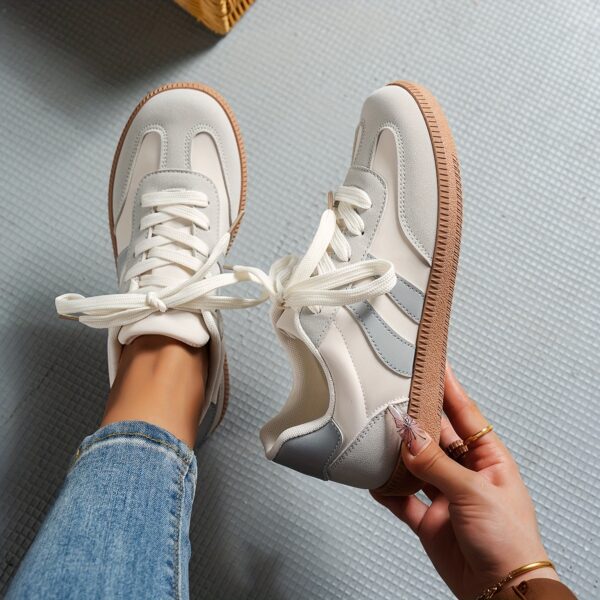 Women's Casual Sneakers - Low-Top Lace-Up Geometric Color-Block Design (White/Navy/Red) | Synthetic Cover & Fabric Upper, Breathable EVA Cushion & Durable PVC Sole | Spring Fashion Versatile Shoes for Daily Commute, Students & Casual Outfits, Ladies Sneakers - Image 9
