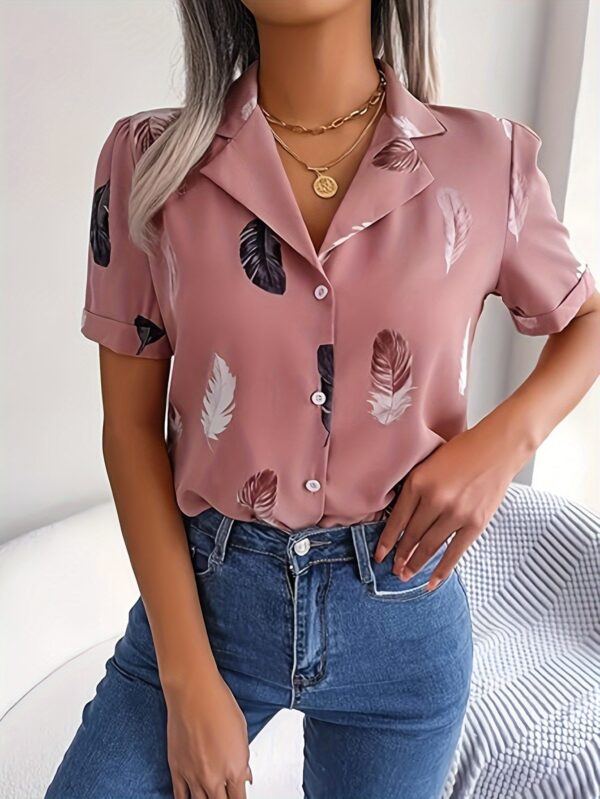Women'S Vintage Print Short Sleeve Shirt, Polyester 100%, Regular Fit, Single Breasted, Turn- Lapel Collar, Woven Fabric, 120g/m², for Spring/Summer/Fall Outings - No Padding - Image 8
