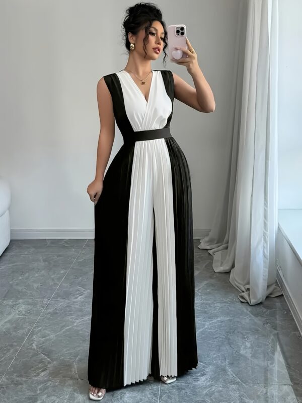Women's Elegant V-Neck Ruched Waist Wide-Leg Jumpsuit - Black & White Contrast Stripes, Breathable Non-Stretch Fabric, Machine Washable for Spring/Summer Casual, Office & Vacation Wear - Image 3