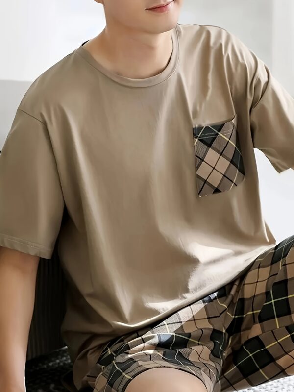 2pcs Men's high-end plaid pocket round neck short-sleeved and plaid shorts pajama set, comfortable and Light Beige-friendly, suitable for Men's casual home - Image 3