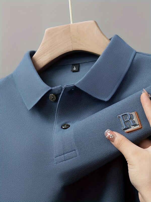 Men'S Light Blue Casual Short Sleeve Shirt - Premium Polyester Blend with 3D Logo & "R" Embossed Design, Classic Collar, Regular Fit Summer Shirt for Casual Attire, Versatile Menswear, Medium Stretch Fabric