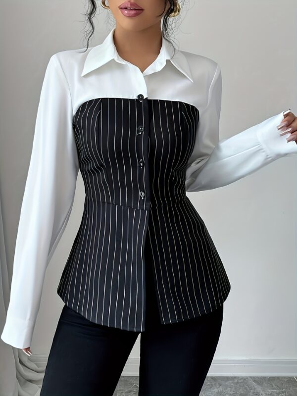 Women's Elegant 2-in-1 Striped Shirt with Classic Collar & Single-Breasted Button Front - Long Sleeve Slim Fit Blouse for Spring Summer Fall, Machine Washable Casual Office Wear, Versatile Fashion | Sophisticated Look | Nontransparent Fabric, Ladies Blouses