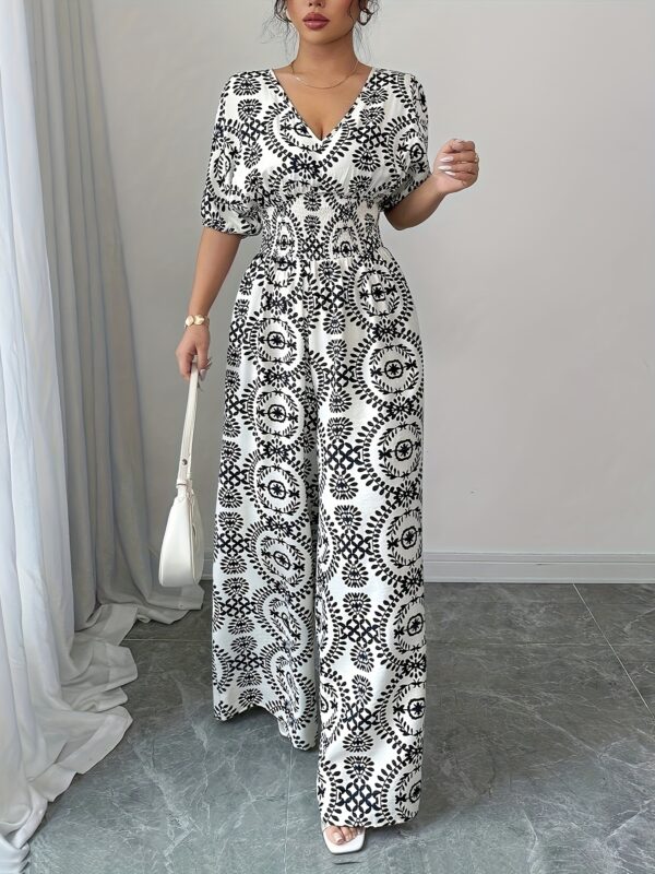 Women'S Bohemian Print V-Neck Jumpsuit with Tie Waist & Wide Legs - White & Brown Geometric Pattern, Short Sleeve, All-Season Vacation Style, Perfect for Casual or Stylish Outfits, Bohemian Dress - Image 2