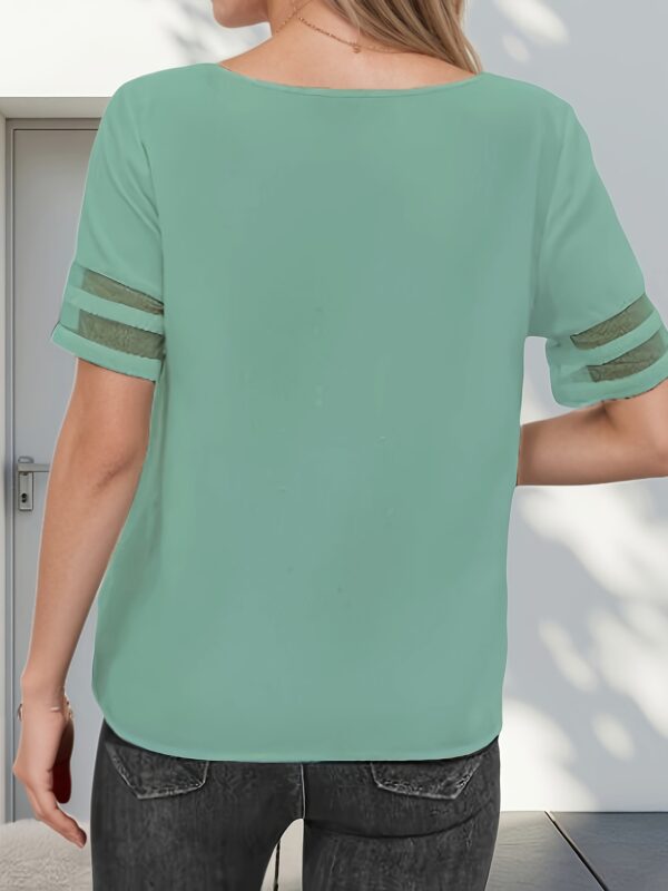 2025 Summer Casual Minimalist Mesh Spliced Short Sleeve Shirt for Women, Cross-Border Fashion - Image 4