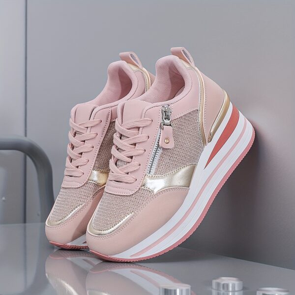 Women'S Pink Breathable Road Running Shoes, Wedge Platform Sneakers with Moire Pattern, Cushioned Support, All-Season Synthetic Upper & PVC Sole, Casual Athletic Footwear for Outdoor Activities, Outdoor Sports Shoes | Stylish Women'S Shoes | Comfortable Fit - Image 3
